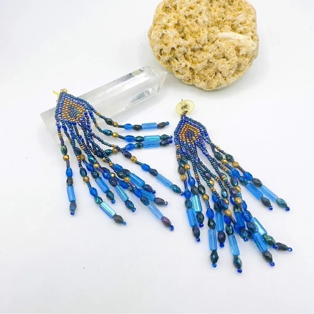 Bougie Boho Beaded Blue Gold Earrings
